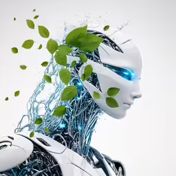 an artificial humanoid looks down with a plant on top