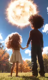 a couple of kids holding hands while standing in a field