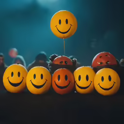 a group of pumpkin faces sitting in front of a crowd
