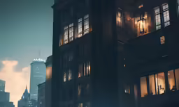 a very big building in the city with windows lit up