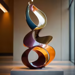 three abstract sculptures on display in an open room