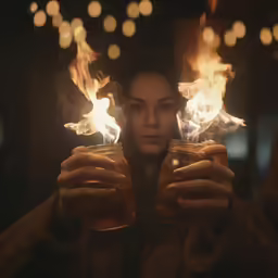 a woman holds two mugs with fire in them