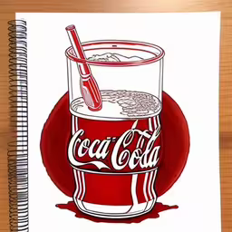 a sketch of an old coke machine with a glass,a spiral notebook with an illustration of a coca cola