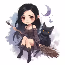 a girl with long hair sitting next to a black cat on a white surface