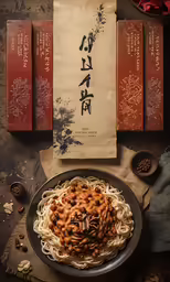 a bowl filled with noodles and topped with meats next to three books