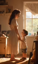 the woman is helping the small boy get into the room