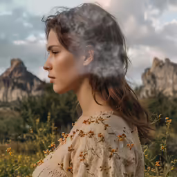 a young woman standing in front of some flowers