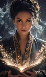 a woman holding an open book with sparklers on her face