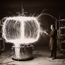 the man is making a glowing light beam from a metal container