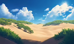 sun shining on some sand dunes with trees and shrubs