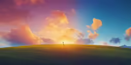 a lone person standing on a hill with the sun setting