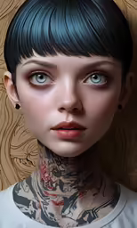 the woman is posing for the camera with tattoos on her neck