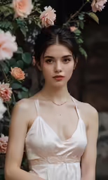 a beautiful young lady with roses in her hair