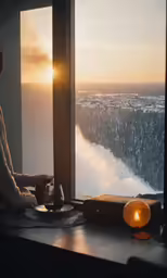 a person sitting on top of a window sill at sunset