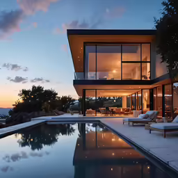 a luxury house with a pool and its landscape at sunset
