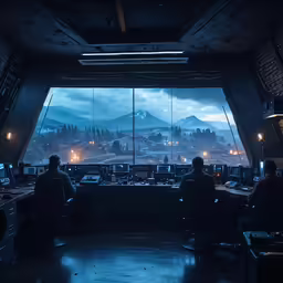 two people are sitting in a control room watching a mountain