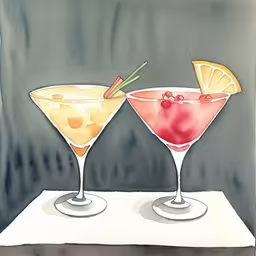 two drinks that are sitting next to each other,two watercolors with some fruit on top of it,an abstract painting of three drinks with fruit on the rim,watercolor and gouache of two colorful alcoholic drinks,two martinis with olives, cherrys and orange peel on the table