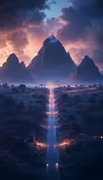a long road stretches into mountains surrounded by clouds