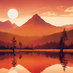 a colorful sunset reflecting off a mountain lake,a lake surrounded by a mountainous range with mountains reflected in the water