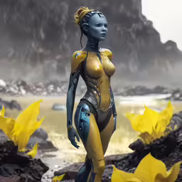 an alien girl with yellow skin standing in front of flowers