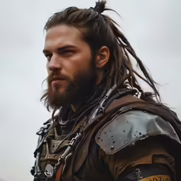 the man with dreadlocks on his head and a beard looks forward