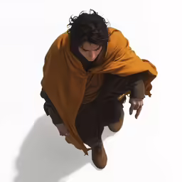 a man in an orange blanket jumping to his right
