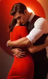 man in vest and red dress hugging a woman with arm around her chest