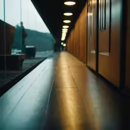 a hallway with wood floors leading into the night