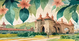 a castle with lush green trees and white buildings