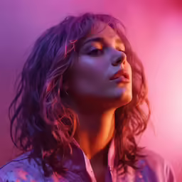 the young woman is posing for a picture in the neon light