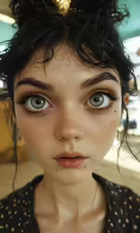 a woman with freckled hair, dark eyes and speckled make - up