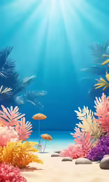 an underwater scene with a sandy shore with colorful plants and rocks