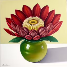 the painting is green and yellow with red flowers,an image of a green vase with flowers on it