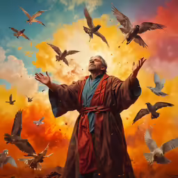 the painting depicts a man in an robe surrounded by birds