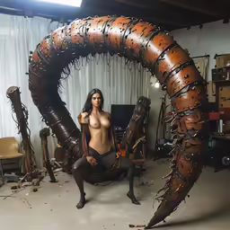 the woman sits atop a giant piece of artwork