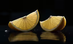 a sliced lemon on black surface with water