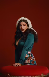 a woman in a blue top standing on a red cushion