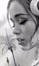 a beautiful young woman with headphones on and holding a flower