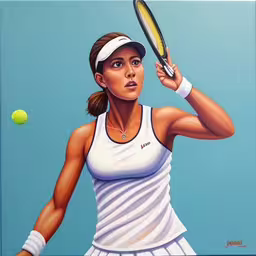 a painting of a tennis player with the racket raised,a tennis player is shown in a colorful painting