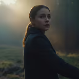 the girl is in the forest on the sunlit path