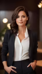 a beautiful woman standing wearing a black suit
