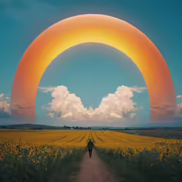 a person walking through a field next to a huge sun