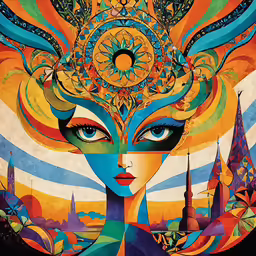 a woman with a psychedelic head painting