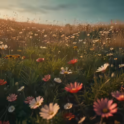a field full of daisies and other wildflowers