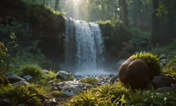 the sun shines brightly on a waterfall in the middle of a forest