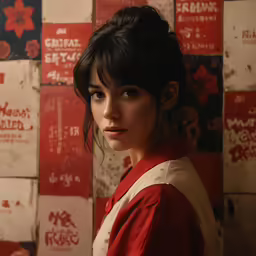 a woman standing against a wall with different pieces of wallpaper