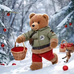 a large brown teddy bear walking across a snow covered forest