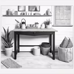 a black and white photograph of plants and vases
