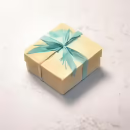 there is a yellow box with a green bow