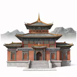 a small asian building in a mountain setting